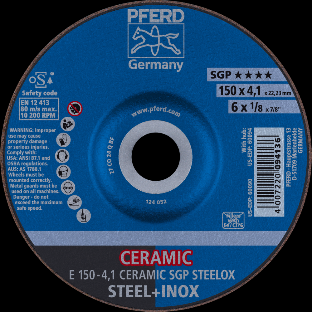 PFERD Grinding Wheel, 6&#34; x 1/8 x 7/8, CERAMIC SGP STEELOX, T27