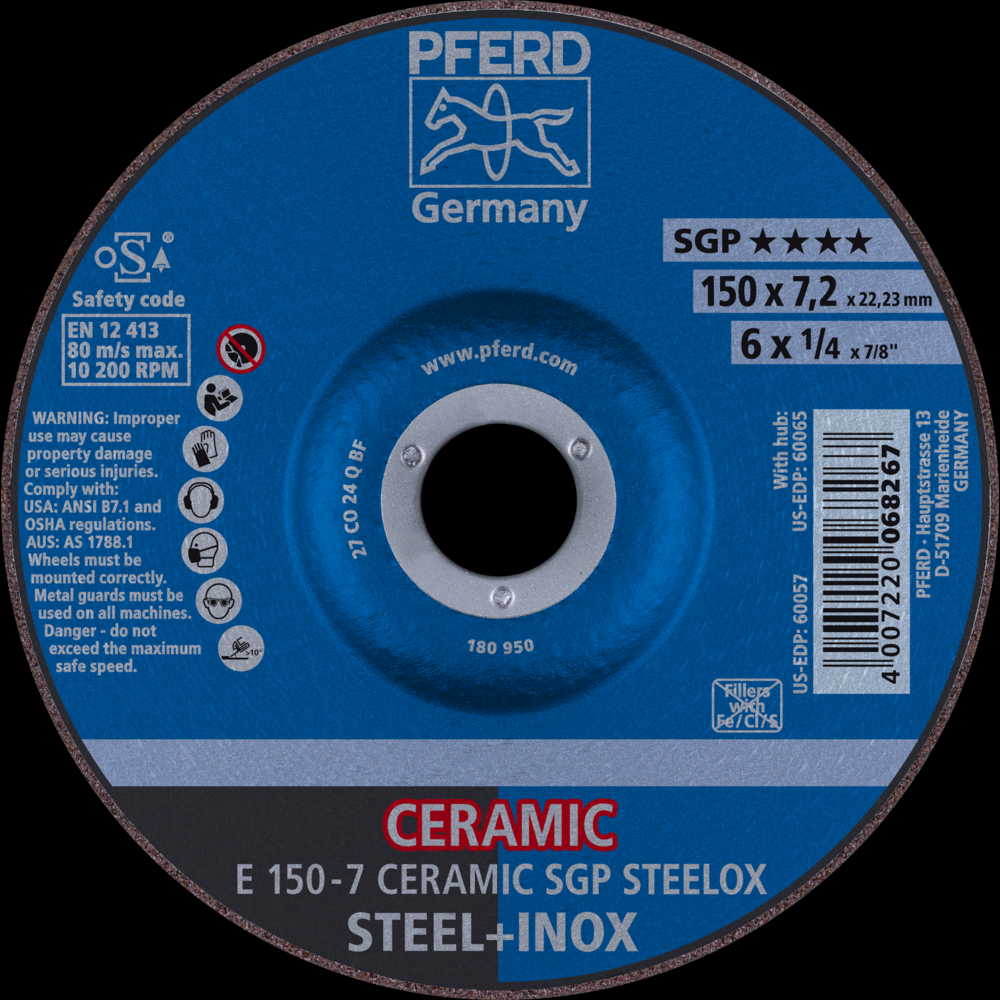 PFERD Grinding Wheel, 6&#34; x 1/4 x 7/8, CERAMIC SGP STEELOX, T27