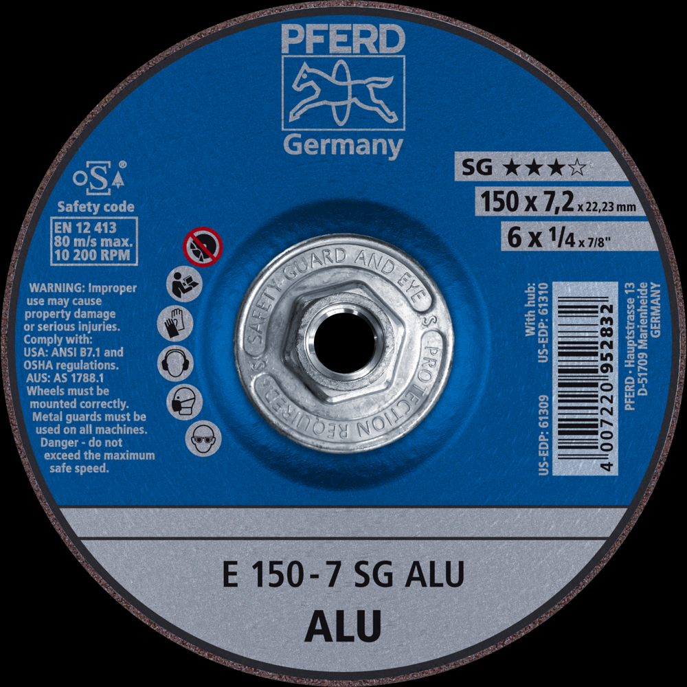 PFERD Grinding Wheel, 6&#34; x 1/4 x 5/8-11, SG ALU, T27, Aluminum oxide, Silicon carbide