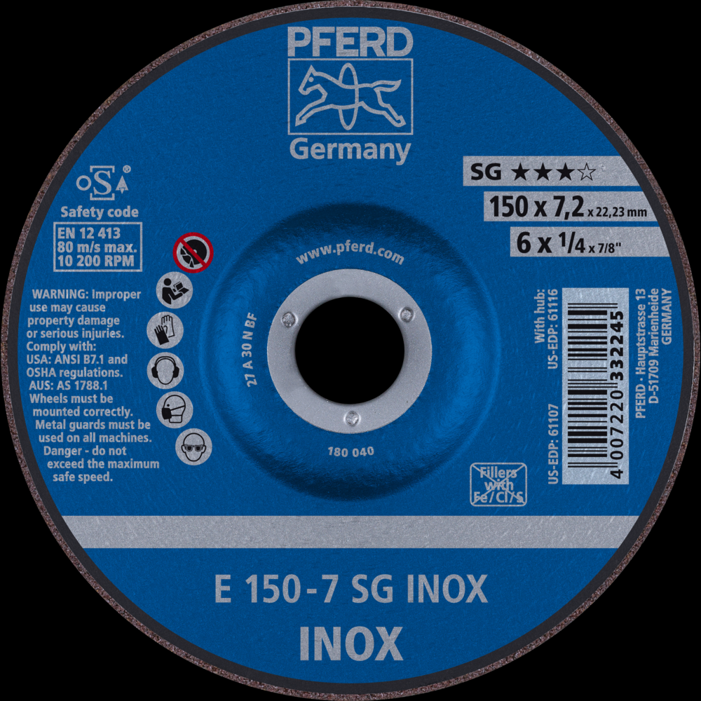 PFERD Grinding Wheel, 6&#34; x 1/4 x 7/8, SG INOX, T27, Aluminum oxide