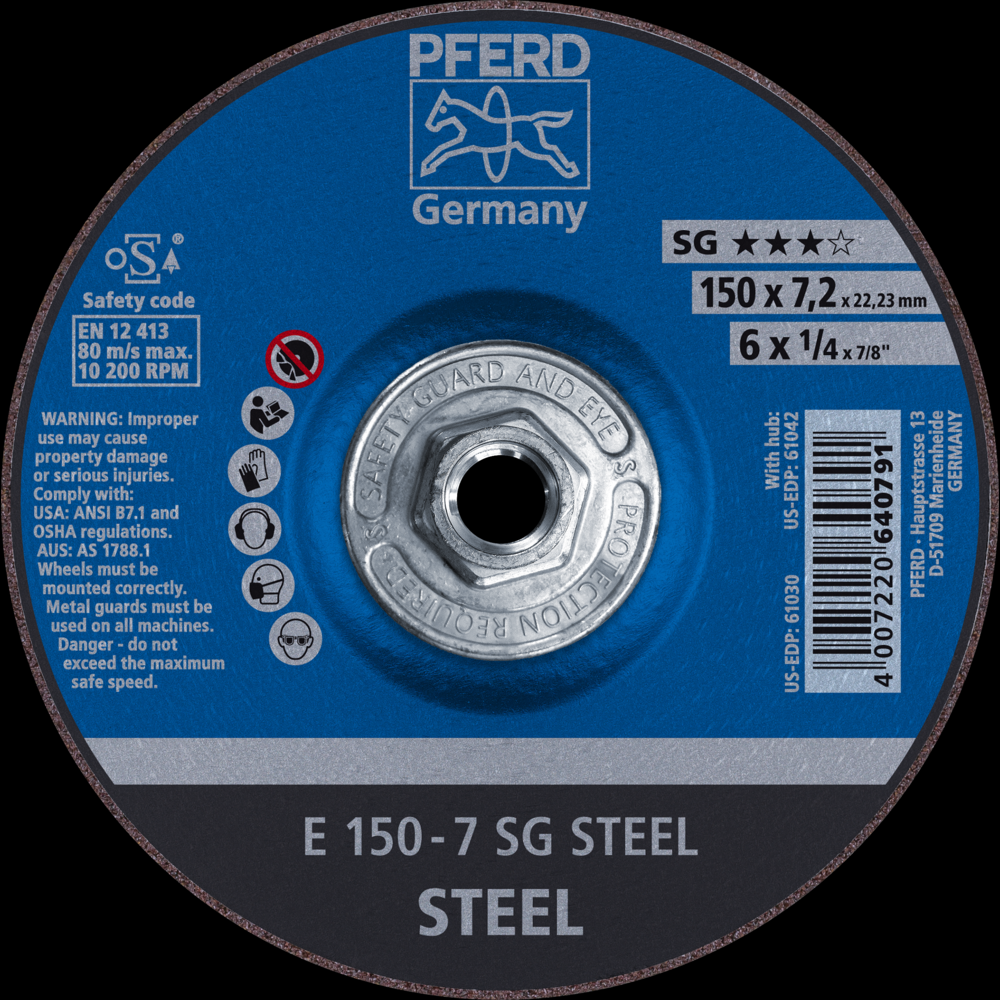 PFERD Grinding Wheel, 6&#34; x 1/4 x 5/8-11, SG STEEL, T27, Aluminum oxide