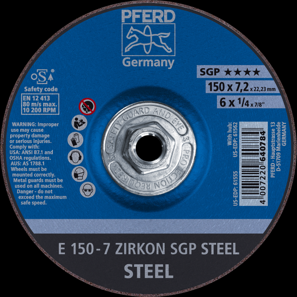 PFERD Grinding Wheel, 6&#34; x 1/4 x 5/8-11, SGP ZIRKON STEEL, T27, AO, SiC