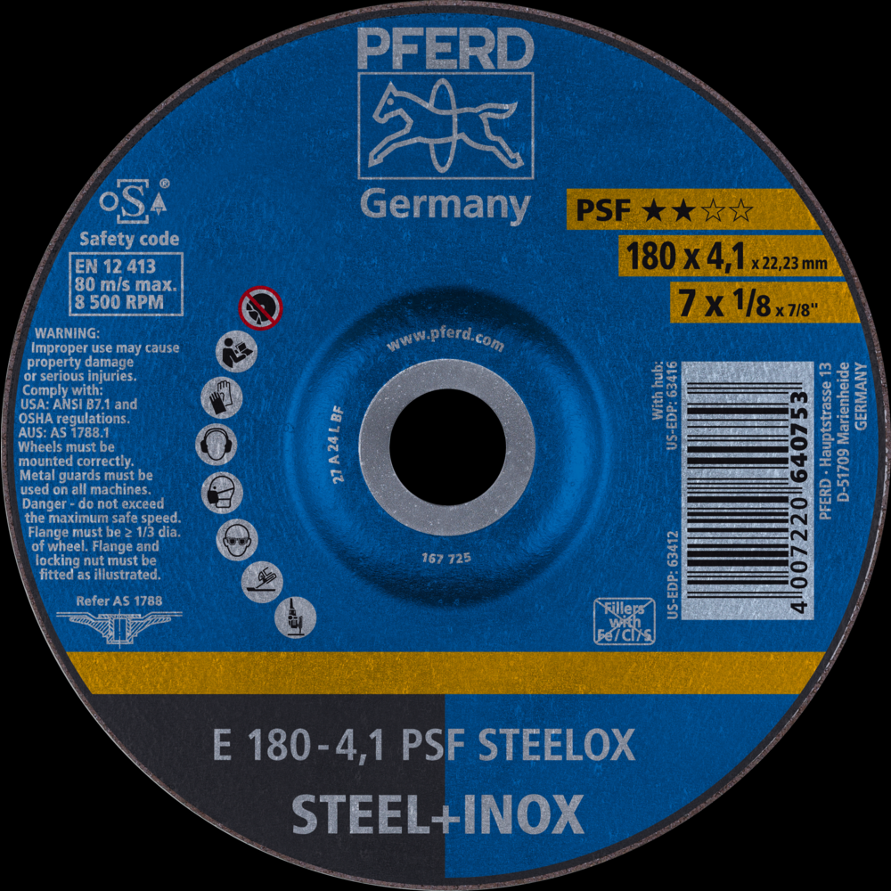 PFERD Grinding Wheel, 7&#34; x 1/8 x 7/8, PSF STEELOX, T27, Aluminum oxide