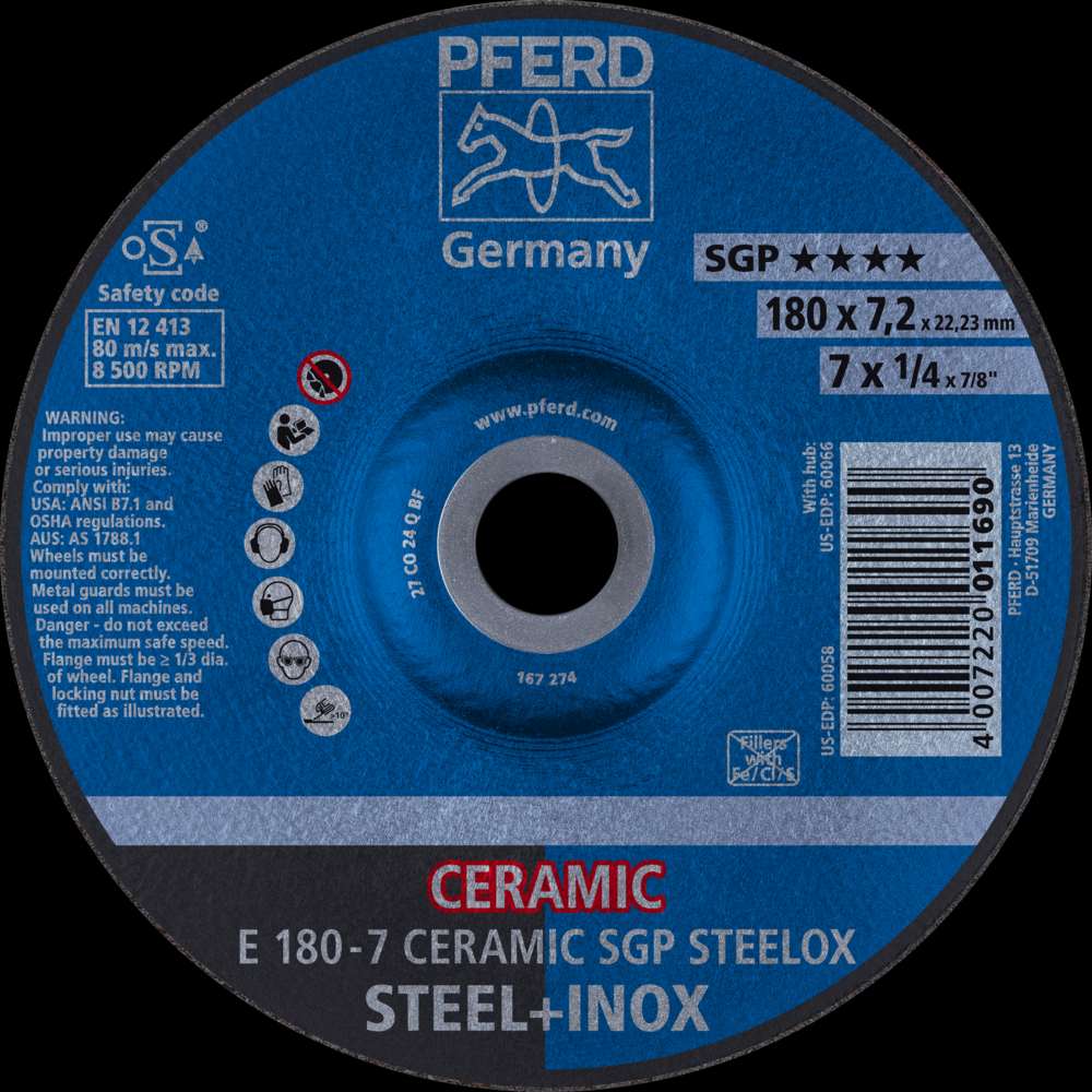 PFERD Grinding Wheel, 7&#34; x 1/4 x 7/8, CERAMIC SGP STEELOX, T27