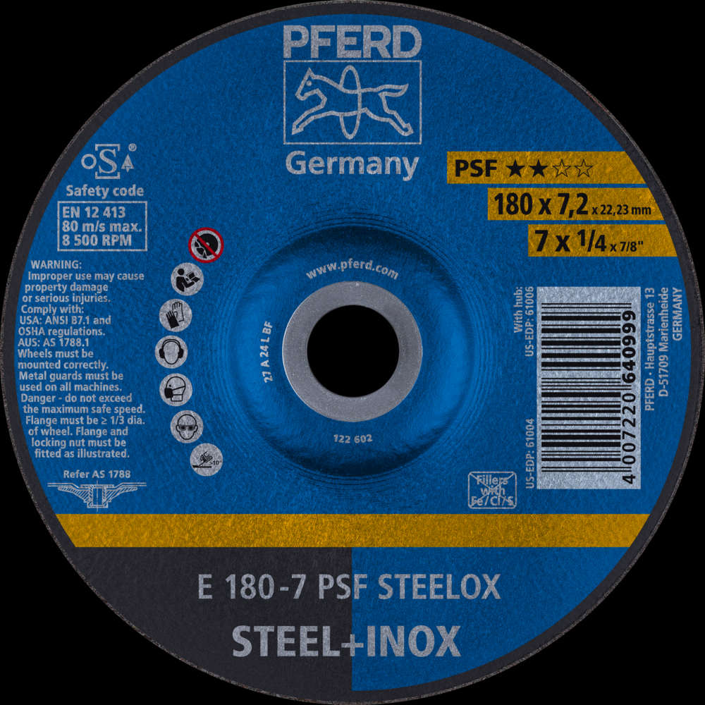 PFERD Grinding Wheel, 7&#34; x 1/4 x 7/8, PSF STEELOX, T27, Aluminum oxide