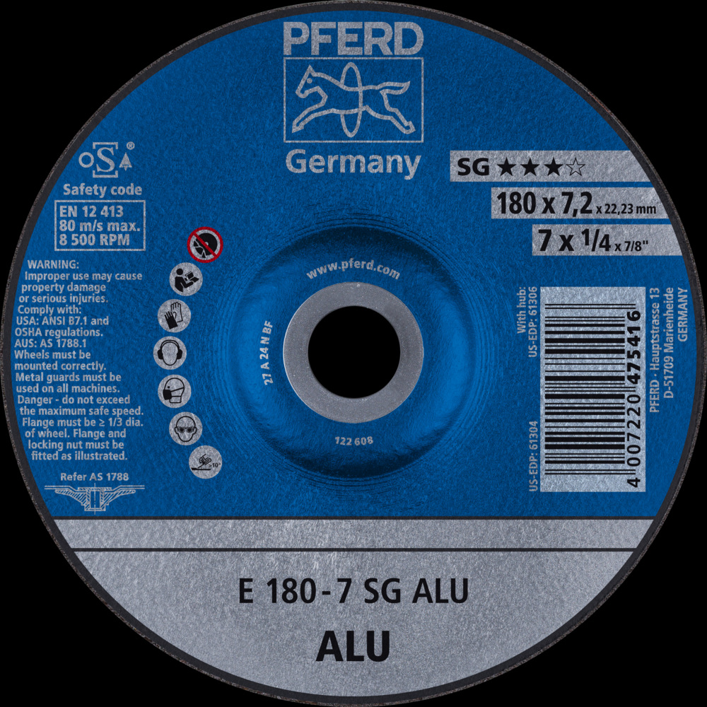 PFERD Grinding Wheel, 7&#34; x 1/4 x 7/8, SG ALU, T27, Aluminum oxide, Silicon carbide