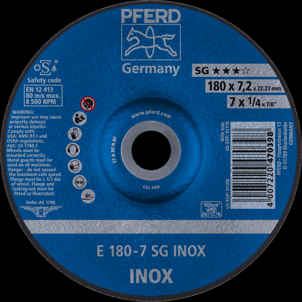 PFERD Grinding Wheel, 7&#34; x 1/4 x 7/8, SG INOX, T27, Aluminum oxide