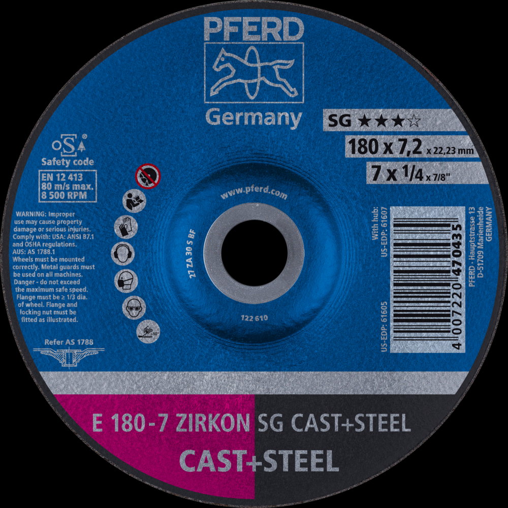 PFERD Grinding Wheel, 7&#34; x 1/4 x 7/8, ZIRCON SG CAST+STEEL, T27, ZA, AO