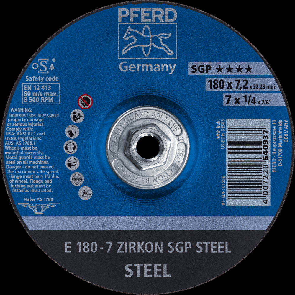 PFERD Grinding Wheel, 7&#34; x 1/4 x 5/8-11, SGP ZIRKON STEEL, T27, AO, SiC