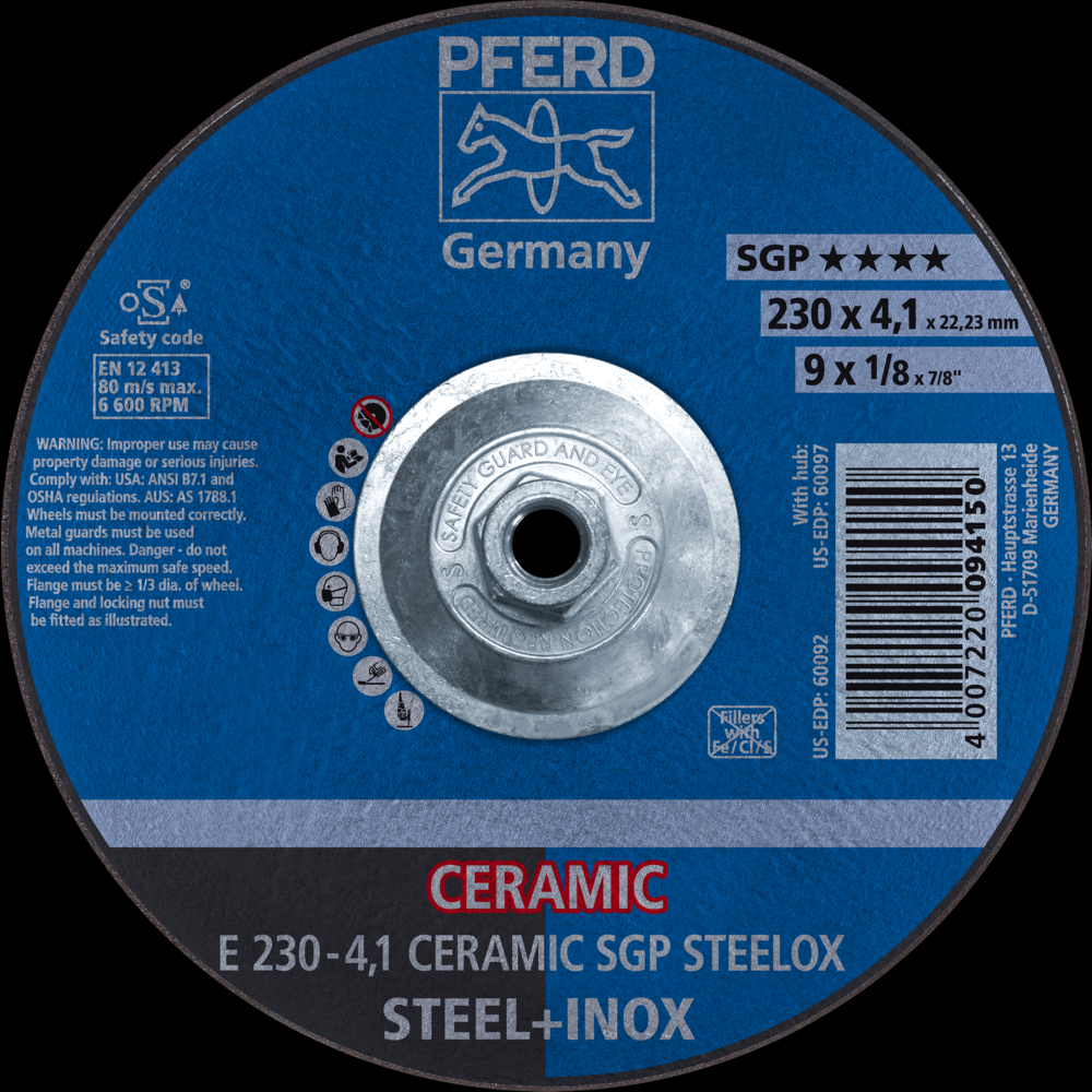 PFERD Grinding Wheel, 9&#34; x 1/8 x 5/8-11, CERAMIC SGP STEELOX, T27