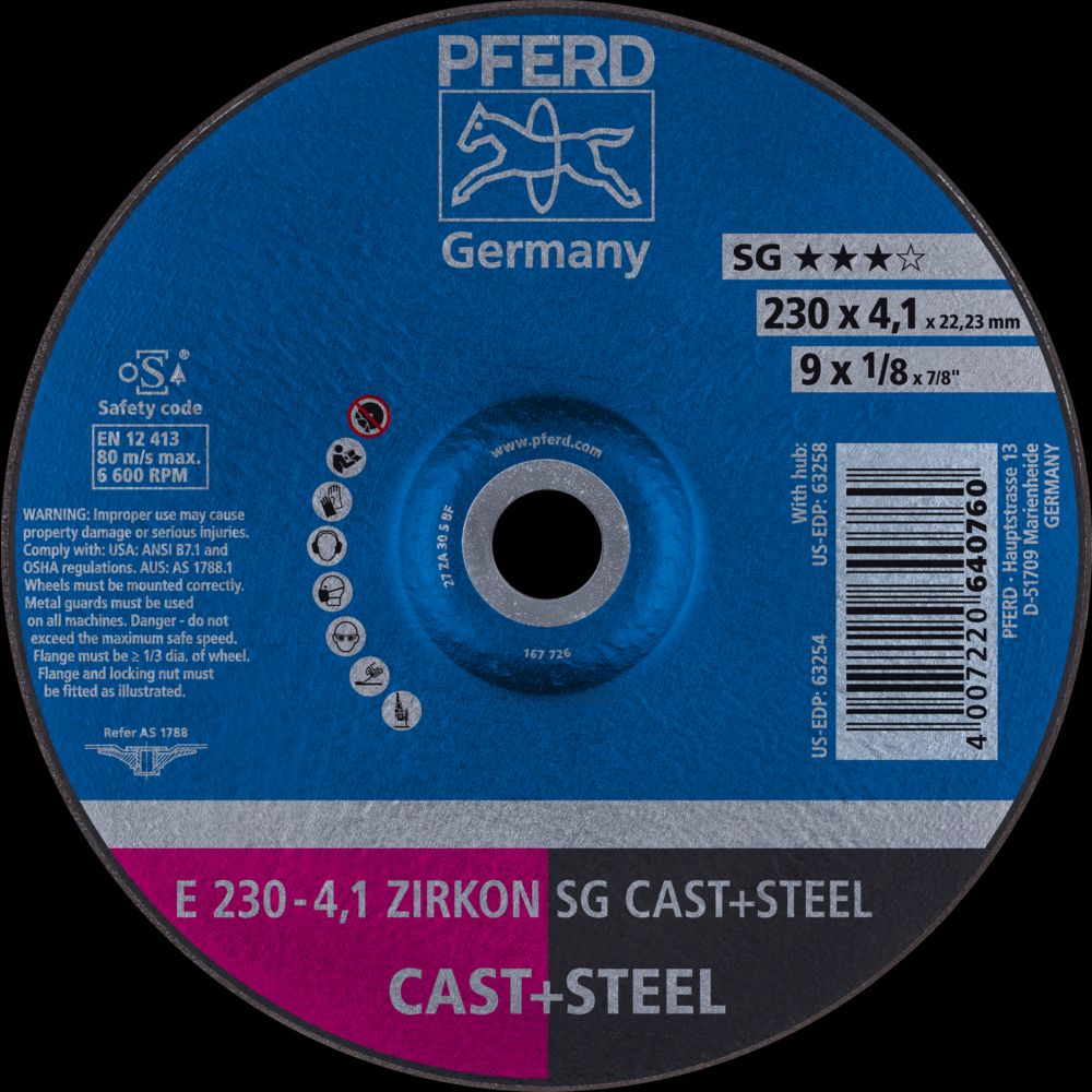 PFERD Grinding Wheel, 9&#34; x 1/8 x 7/8, ZIRKON SG CAST+STEEL, T27, ZA, AO