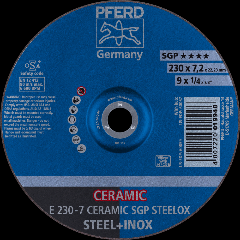 PFERD Grinding Wheel, 9&#34; x 1/4 x 7/8, CERAMIC SGP STEELOX, T27