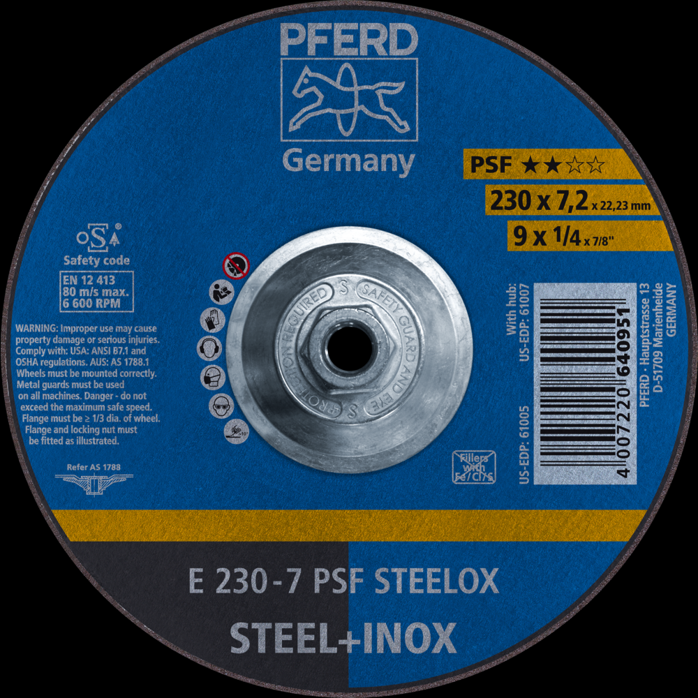 PFERD Grinding Wheel, 9&#34; x 1/4 x 5/8-11, PSF STEELOX, T27, Aluminum oxide