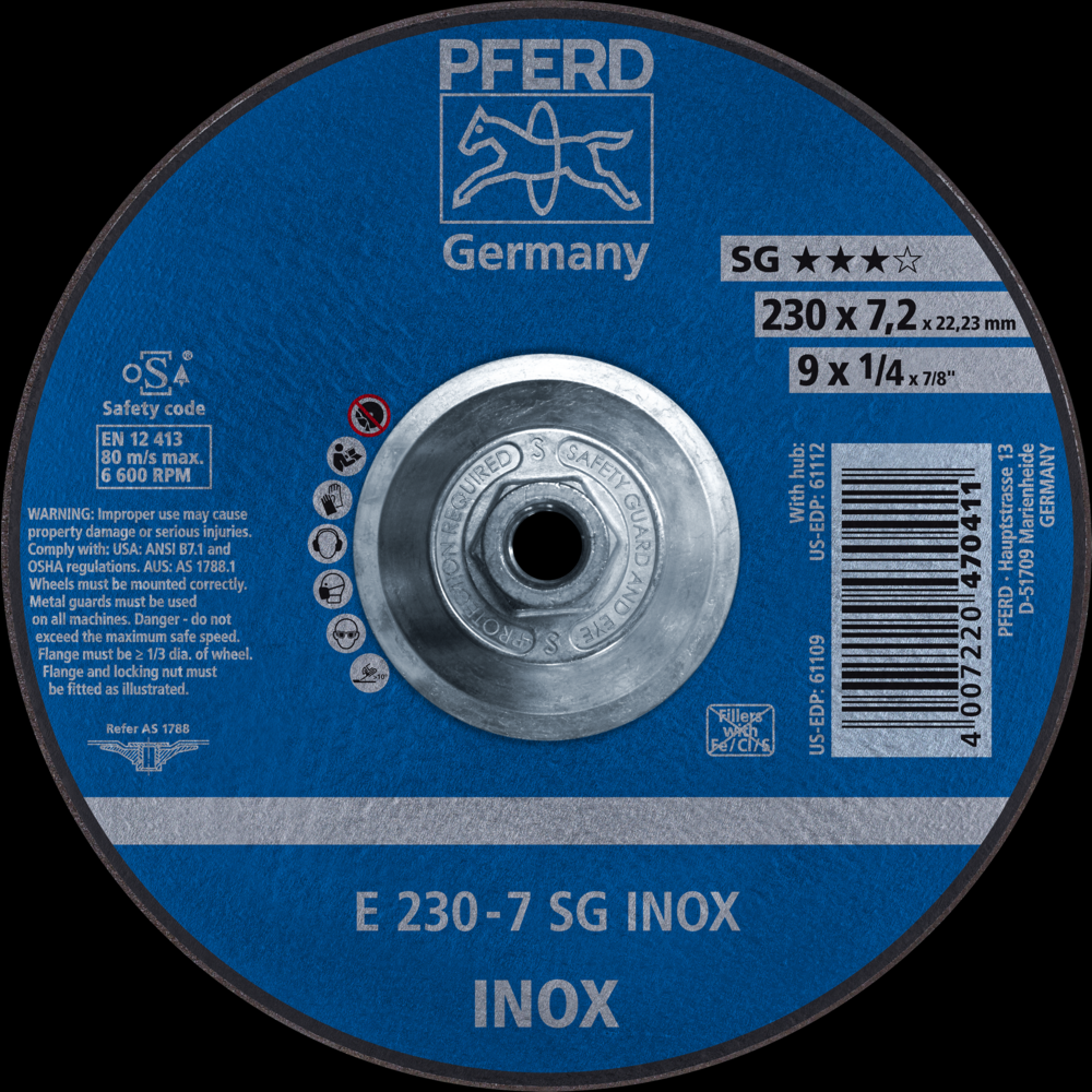 PFERD Grinding Wheel, 9&#34; x 1/4 x 5/8-11, SG INOX, T27, Aluminum oxide