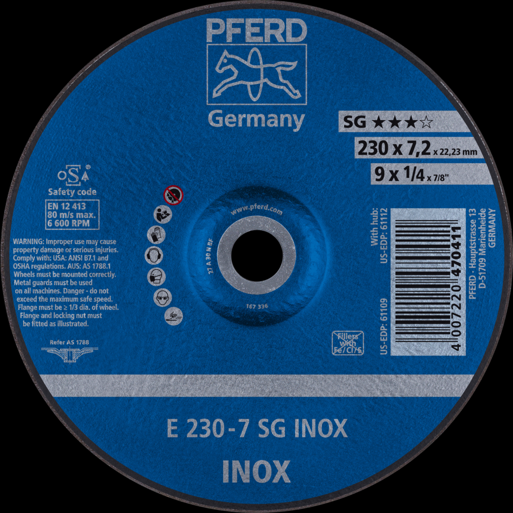 PFERD Grinding Wheel, 9&#34; x 1/4 x 7/8, SG INOX, T27, Aluminum oxide