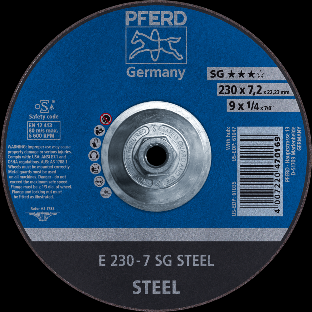 PFERD Grinding Wheel, 9&#34; x 1/4 x 5/8-11, SG STEEL, T27, Aluminum oxide