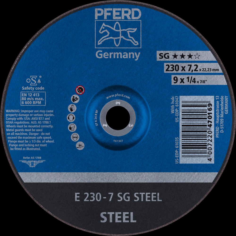 PFERD Grinding Wheel, 9&#34; x 1/4 x 7/8, SG STEEL, T27, Aluminum oxide