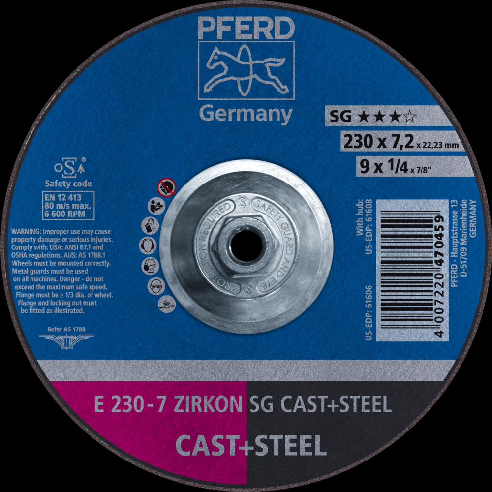 PFERD Grinding Wheel, 9&#34; x 1/4 x 5/8-11, ZIRCON SG CAST+STEEL, T27, ZA, AO