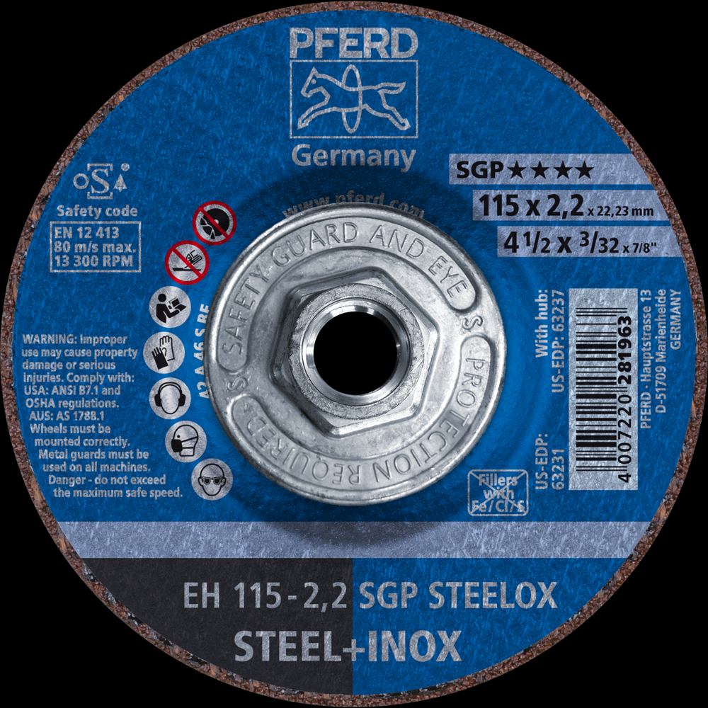 PFERD Cut-Off Wheel, 4-1/2&#34; x 3/32 x 5/8-11, SGP STEELOX, T27, Aluminum oxide