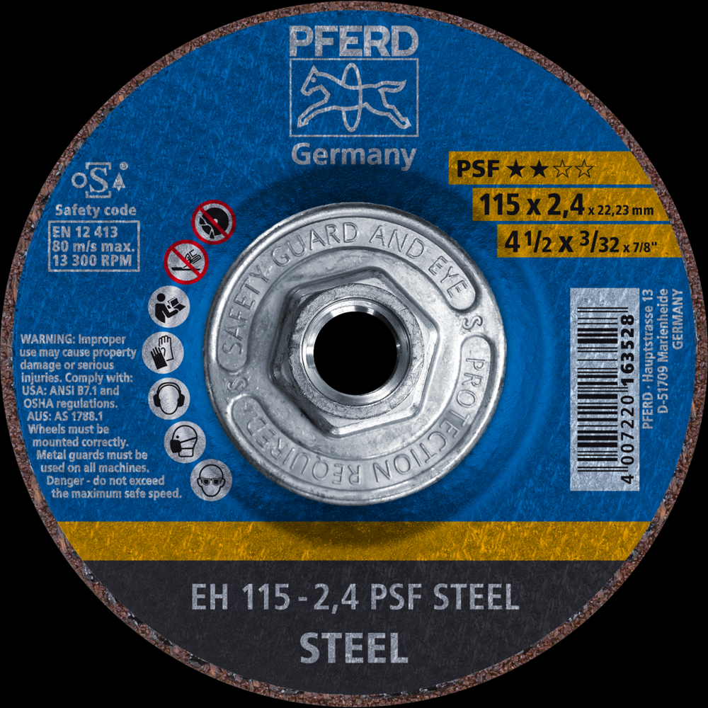 PFERD Cut-Off Wheel, 4-1/2&#34; x 3/32 x 5/8-11, PSF STEEL, T27, Aluminum oxide