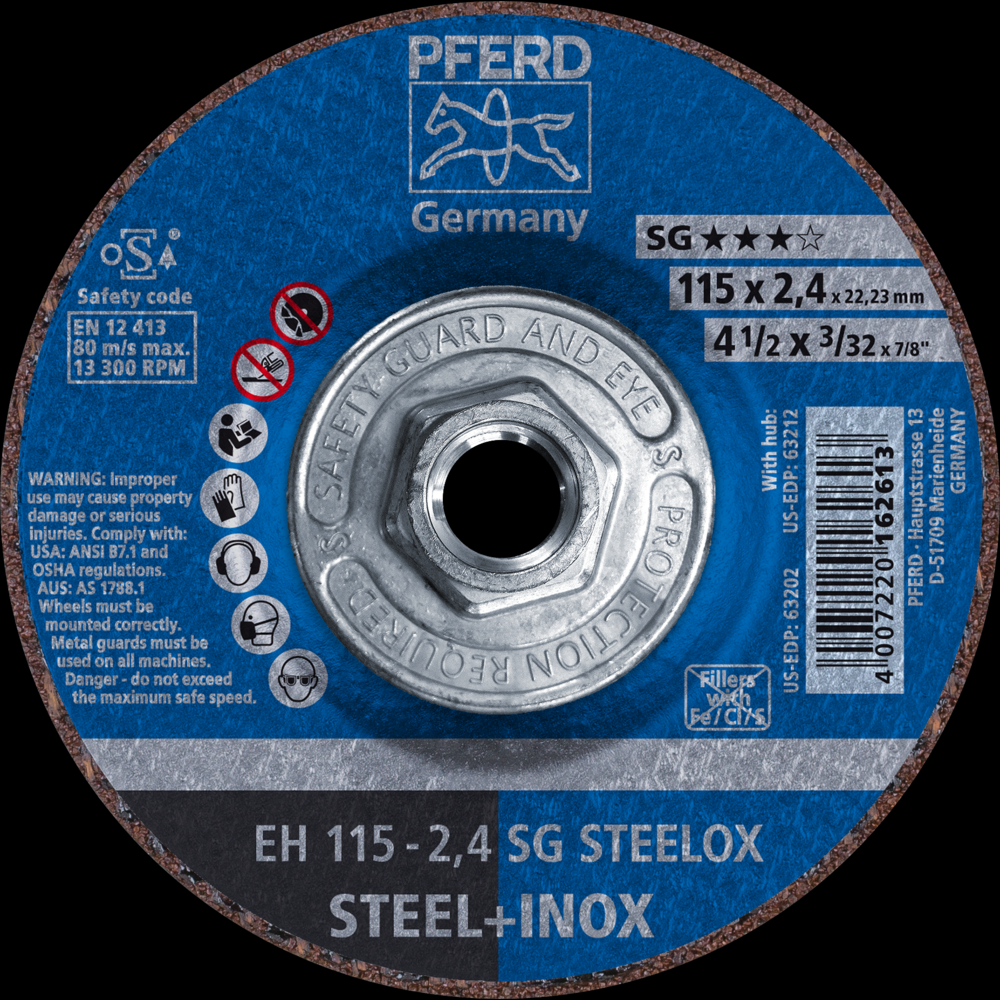 PFERD Cut-Off Wheel, 4-1/2&#34; x 3/32 x 5/8-11, SG STEELOX, T27, Aluminum oxide