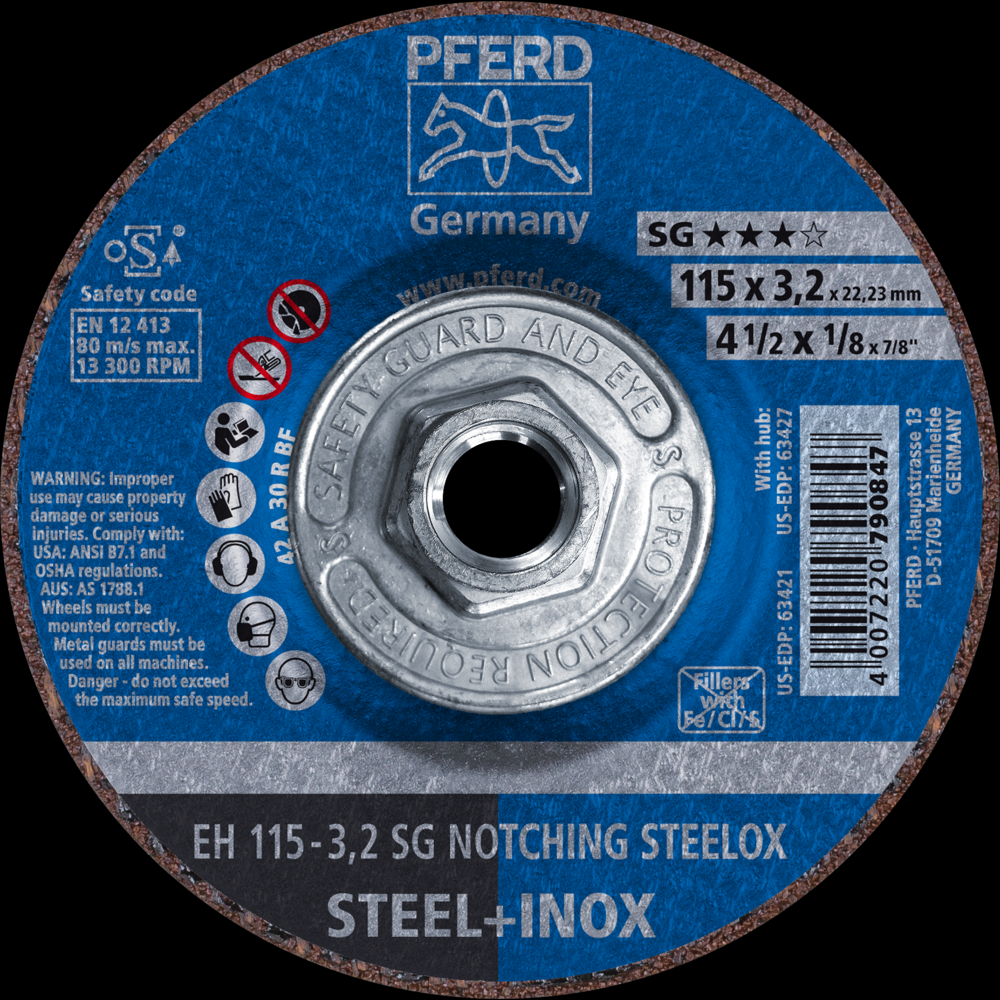 PFERD Grinding Wheel, 4-1/2&#34; x 1/8 x 5/8-11, SG NOTCHING STEELOX, T27, Aluminum oxide