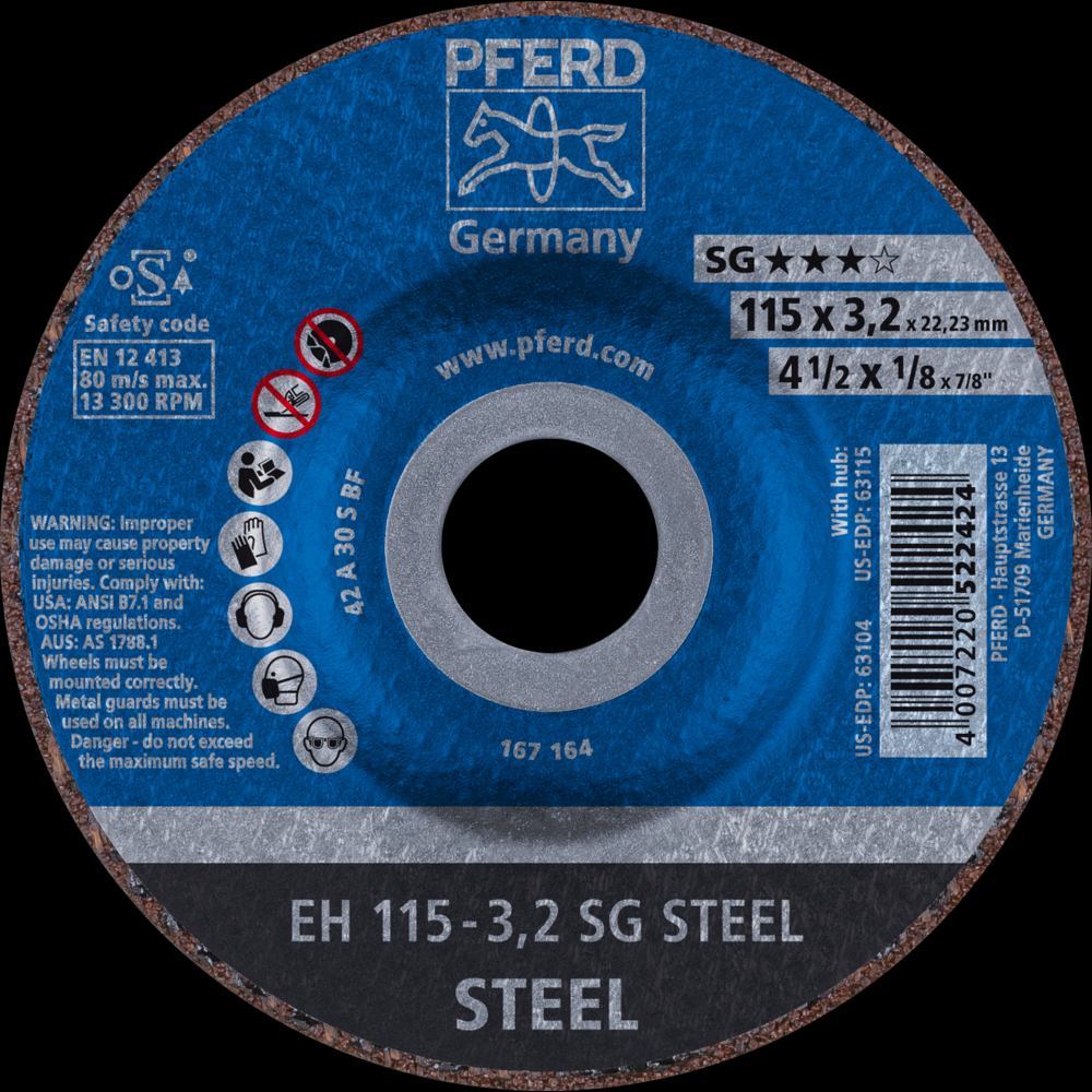 PFERD Cut-Off Wheel, 4-1/2&#34; x 1/8 x 7/8, SG STEEL, T27, Aluminum oxide