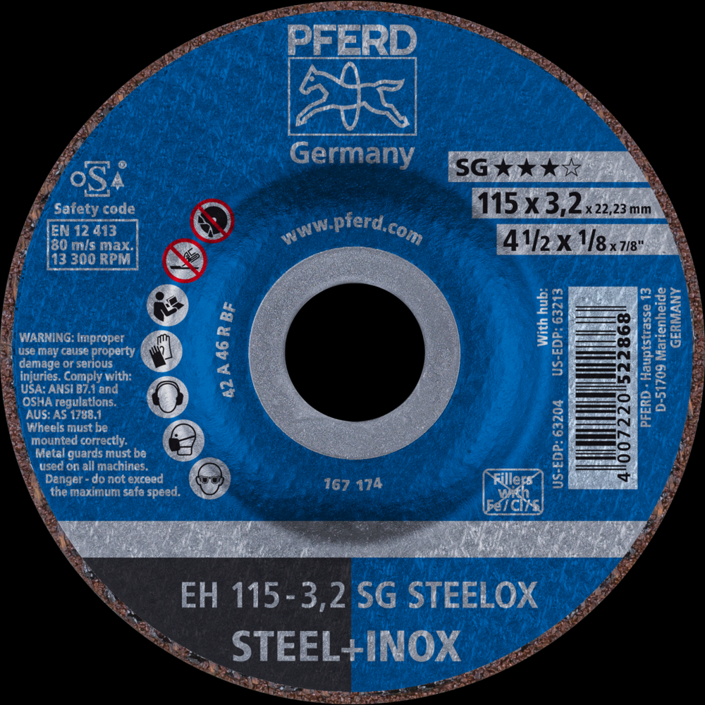 PFERD Cut-Off Wheel, 4-1/2&#34; x 1/8 x 7/8, SG STEELOX, T27, Aluminum oxide