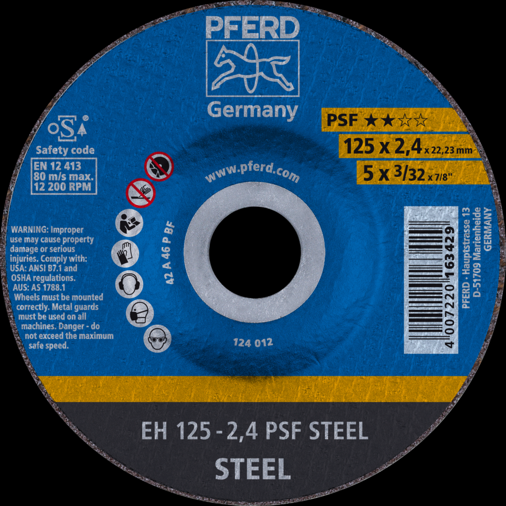 PFERD Cut-Off Wheel, 5&#34; x 3/32 x 7/8, PSF STEEL, T27, Aluminum oxide