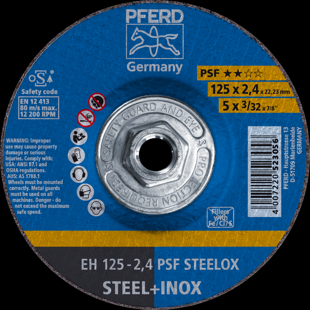 PFERD Cut-Off Wheel, 5&#34; x 3/32 x 5/8-11, PSF STEELOX, T27, Aluminum oxide