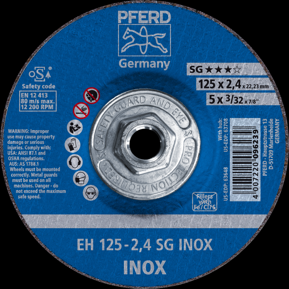 PFERD Cut-Off Wheel, 5&#34; x 3/32 x 5/8-11, SG INOX, T27, Aluminum oxide