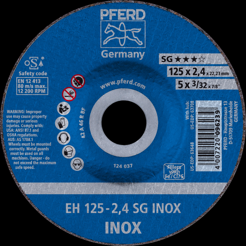 PFERD Cut-Off Wheel, 5&#34; x 3/32 x 7/8, SG INOX, T27, Aluminum oxide