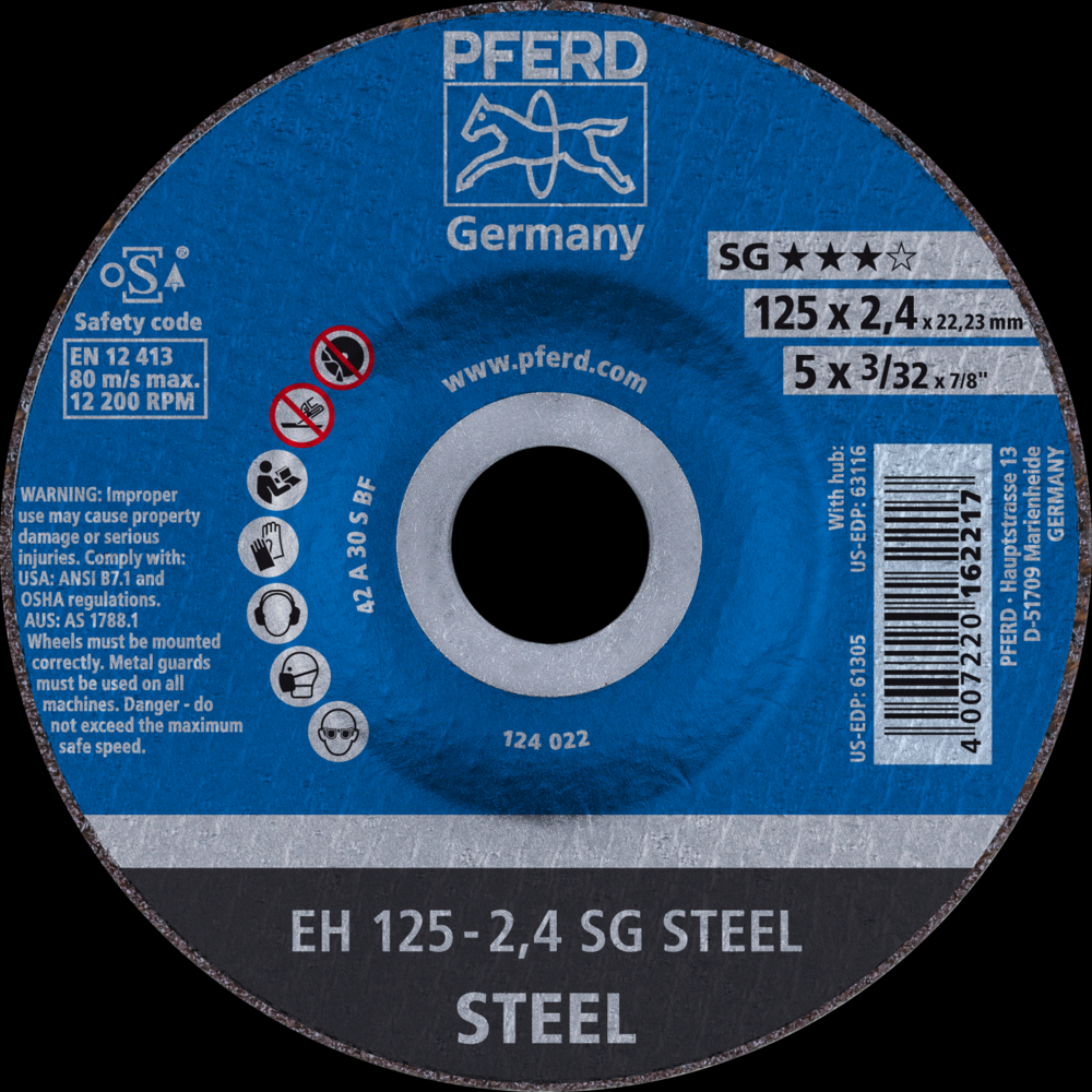 PFERD Cut-Off Wheel, 5&#34; x 3/32 x 7/8, SG STEEL, T27, Aluminum oxide