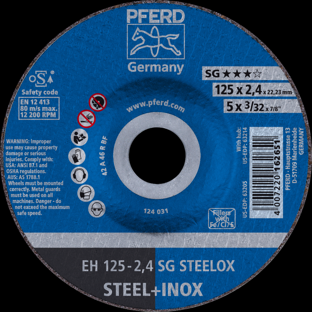 PFERD Cut-Off Wheel, 5&#34; x 3/32 x 7/8, SG STEELOX, T27, Aluminum oxide