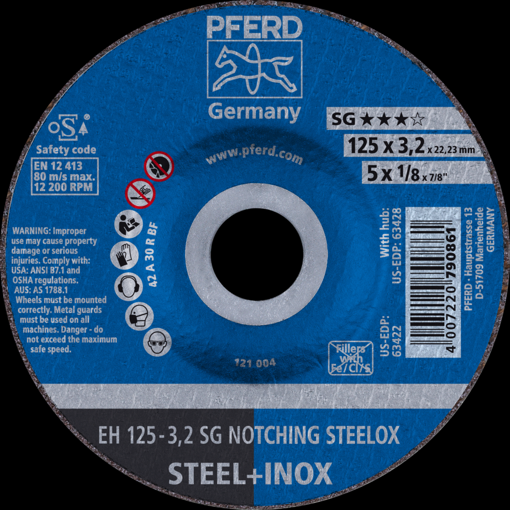 PFERD Grinding Wheel, 5&#34; x 1/8 x 7/8, SG NOTCHING STEELOX, T27, Aluminum oxide