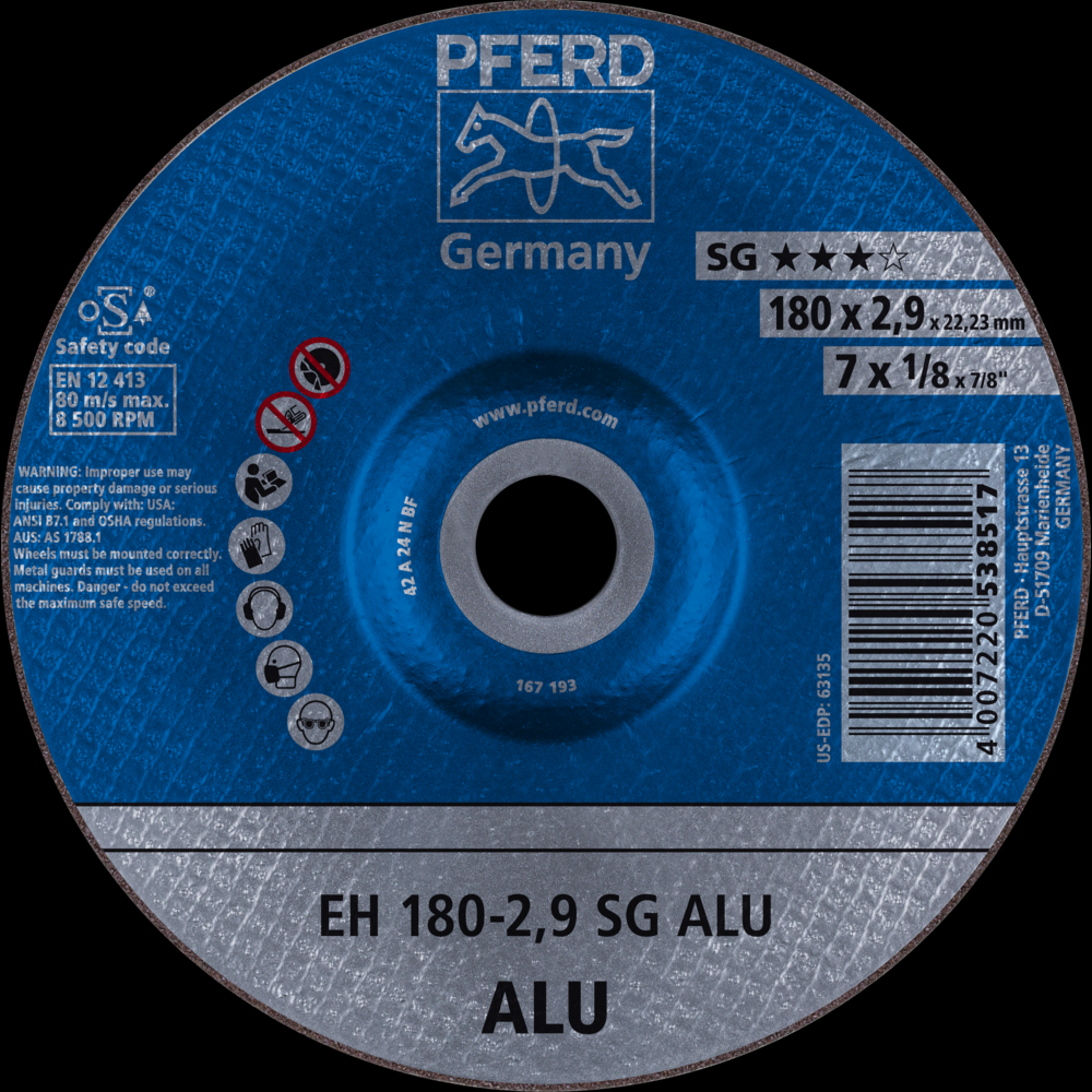 PFERD Cut-Off Wheel, 7&#34; x 3/32 x 7/8, SG ALU, T27, Aluminum oxide