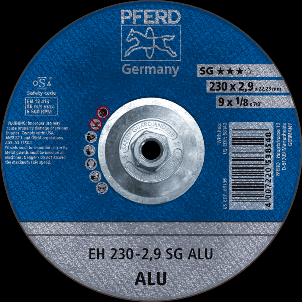 PFERD Cut-Off Wheel, 9&#34; x 1/8 x 5/8-11, SG ALU, T27, Aluminum oxide