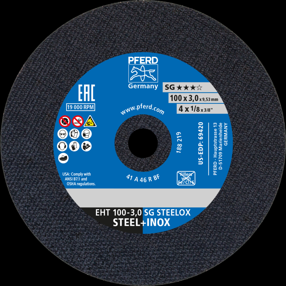 PFERD Die Grinder Cut-Off Wheel, 4&#34; x 1/8 x 3/8, SG STEELOX, T1, Aluminum oxide