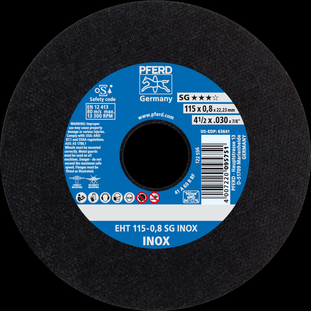 PFERD Cut-Off Wheel, 4-1/2&#34; x .030 x 7/8, SG INOX, T1, Aluminum oxide