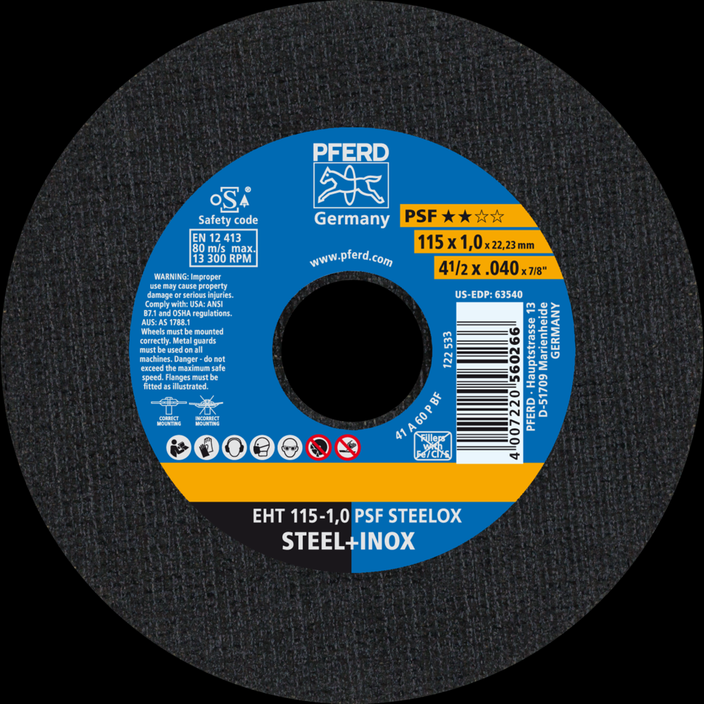 PFERD Cut-Off Wheel, 4-1/2&#34; x .040 x 7/8, PSF STEELOX, T1, Aluminum oxide