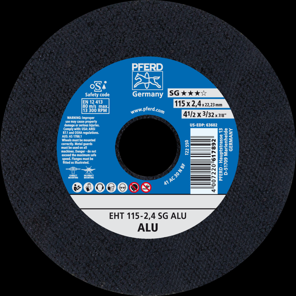 PFERD Cut-Off Wheel, 4-1/2&#34; x 3/32 x 7/8, SG ALU, T1, Aluminum oxide