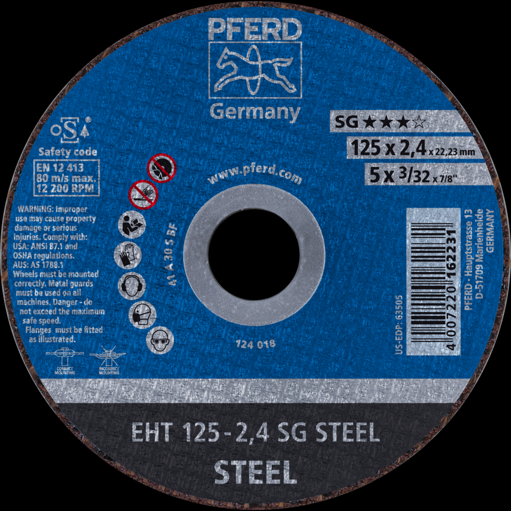 PFERD Cut-Off Wheel, 5&#34; x 3/32 x 7/8, SG STEEL, T1, Aluminum oxide