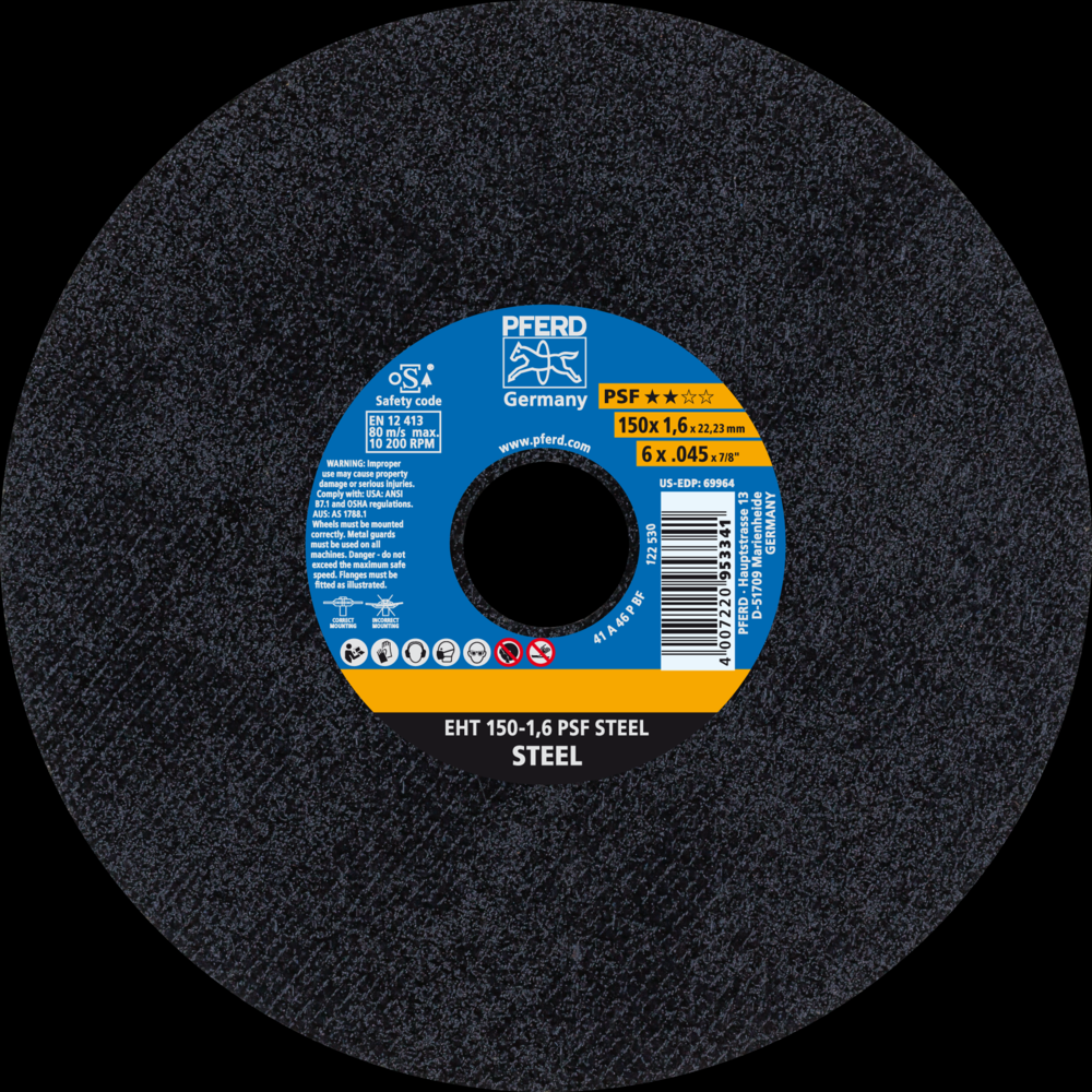 PFERD Cut-Off Wheel, 6&#34; x .045 x 7/8, PSF STEEL, T1, Aluminum oxide
