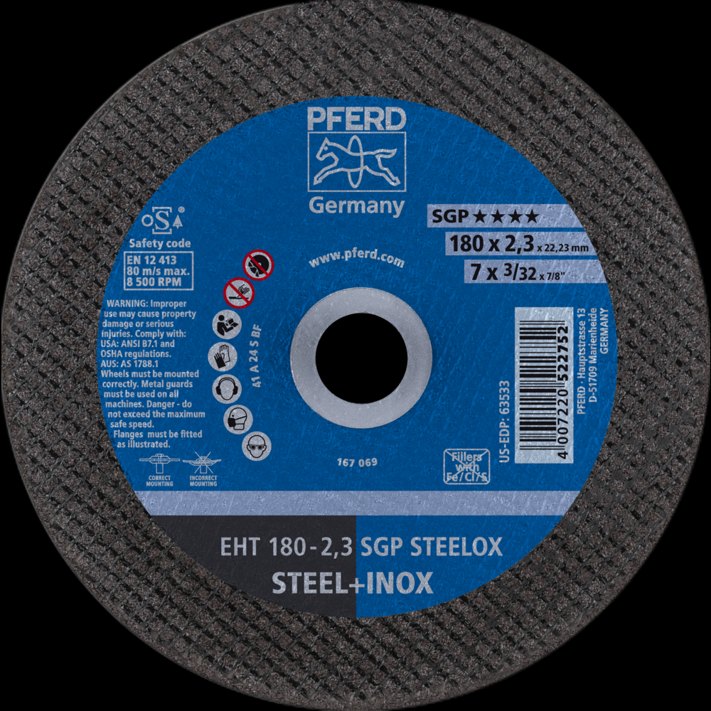 PFERD Cut-Off Wheel, 7&#34; x 3/32 x 7/8, SGP STEELOX, T1, Aluminum oxide