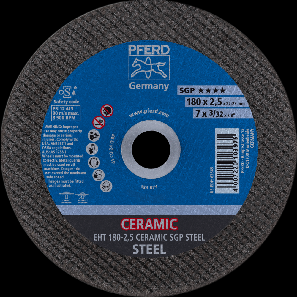 PFERD Cut-Off Wheel, 7&#34; x 3/32 x 7/8, CERAMIC SGP STEEL, T27, Ceramic oxide