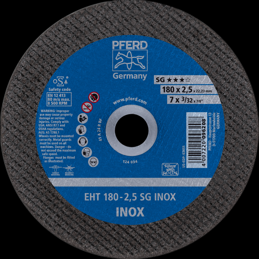 PFERD Cut-Off Wheel, 7&#34; x 3/32 x 7/8, SG INOX, T1, Aluminum oxide