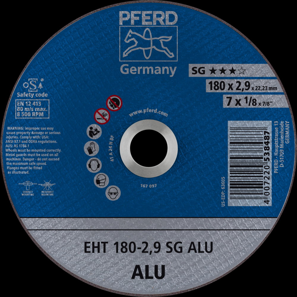 PFERD Cut-Off Wheel, 7&#34; x 1/8 x 7/8, SG ALU, T1, Aluminum oxide