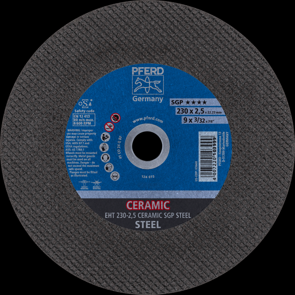 PFERD Cut-Off Wheel, 9&#34; x 3/32 x 7/8, CERAMIC SGP STEEL, T1, Ceramic oxide