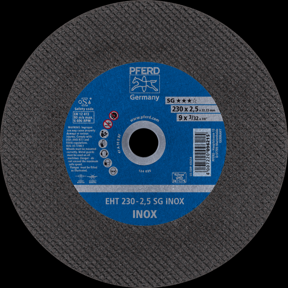 PFERD Cut-Off Wheel, 9&#34; x 3/32 x 7/8, SG INOX, T1, Aluminum oxide