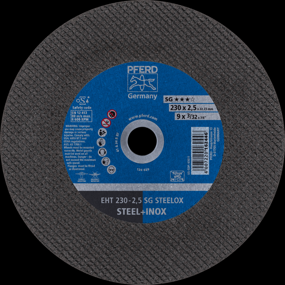 PFERD Cut-Off Wheel, 9&#34; x 3/32 x 7/8, SG STEELOX, T1, Aluminum oxide